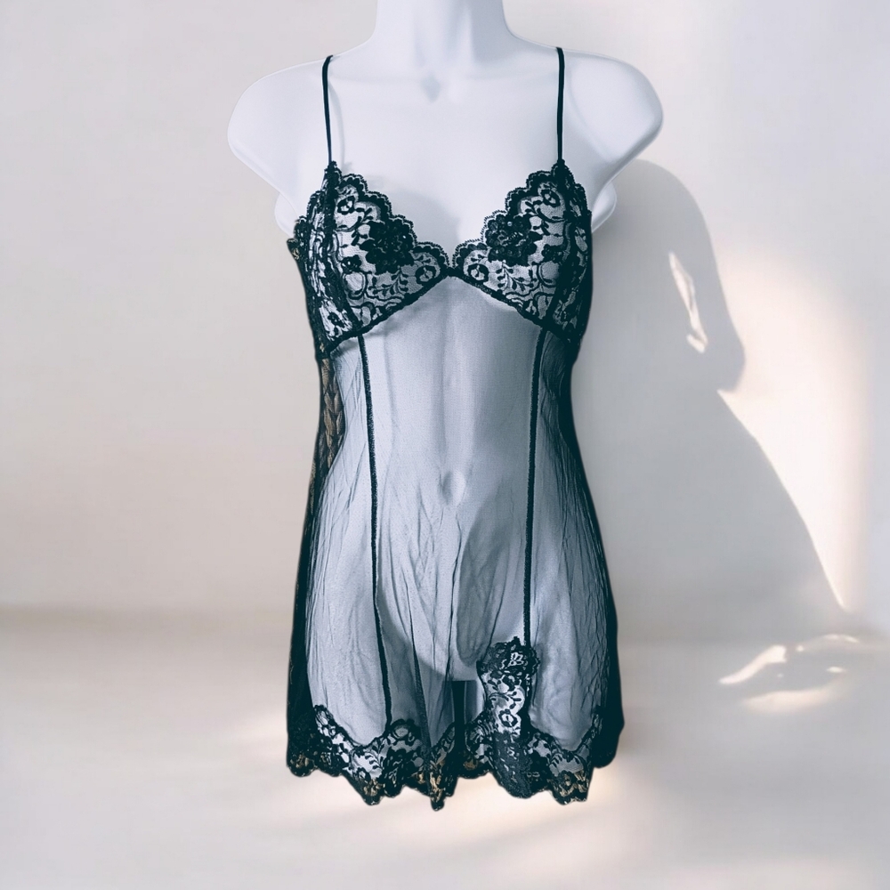 Black Sheer Lace Chemise Babydoll Lingerie | Deep V Back | Adjustable Straps | S